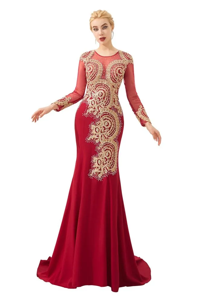 Slim Long Sleeves Gold Appliques Mermaid Evening Gowns Floor Length Event Party Dress