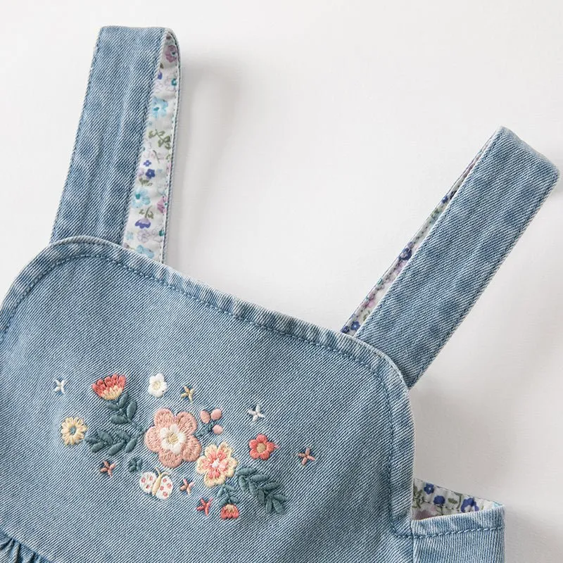 Spring Flower Embroidery Girl Blue Suspender Denim Dress