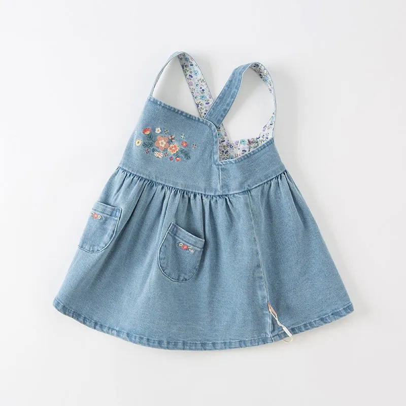 Spring Flower Embroidery Girl Blue Suspender Denim Dress