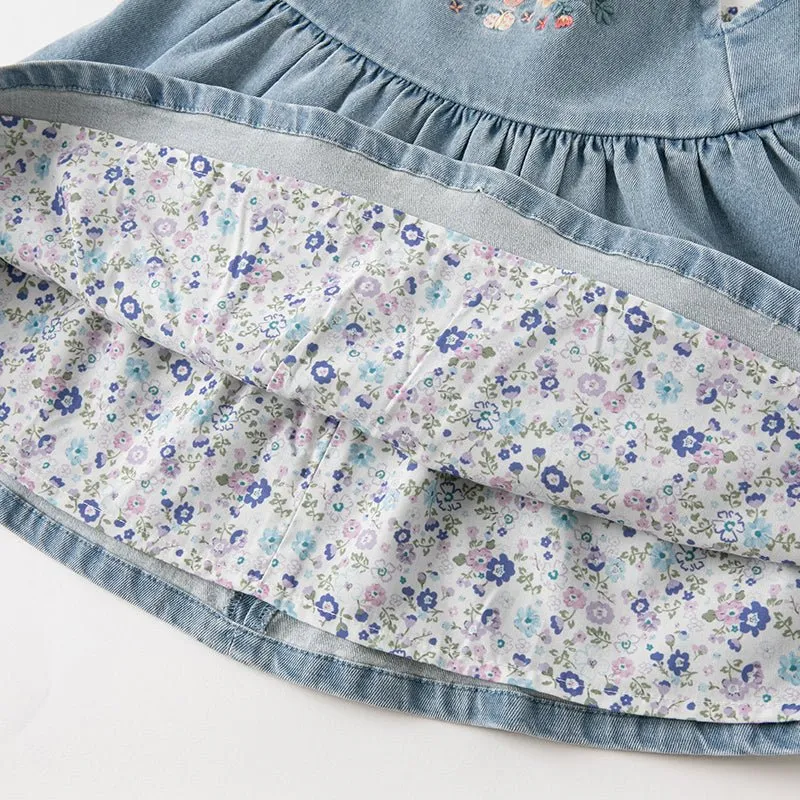 Spring Flower Embroidery Girl Blue Suspender Denim Dress