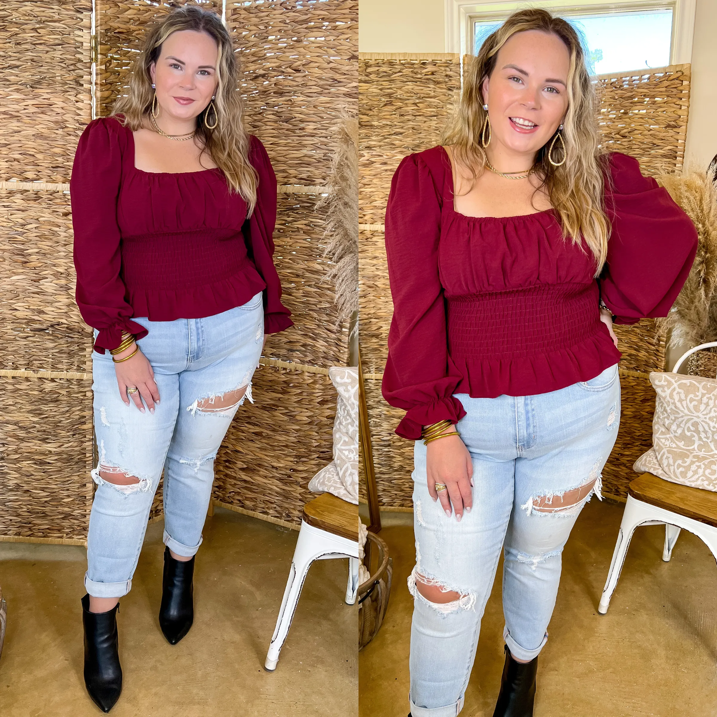 Starting Fresh Long Sleeve Peplum Top with Smocked Bodice in Maroon