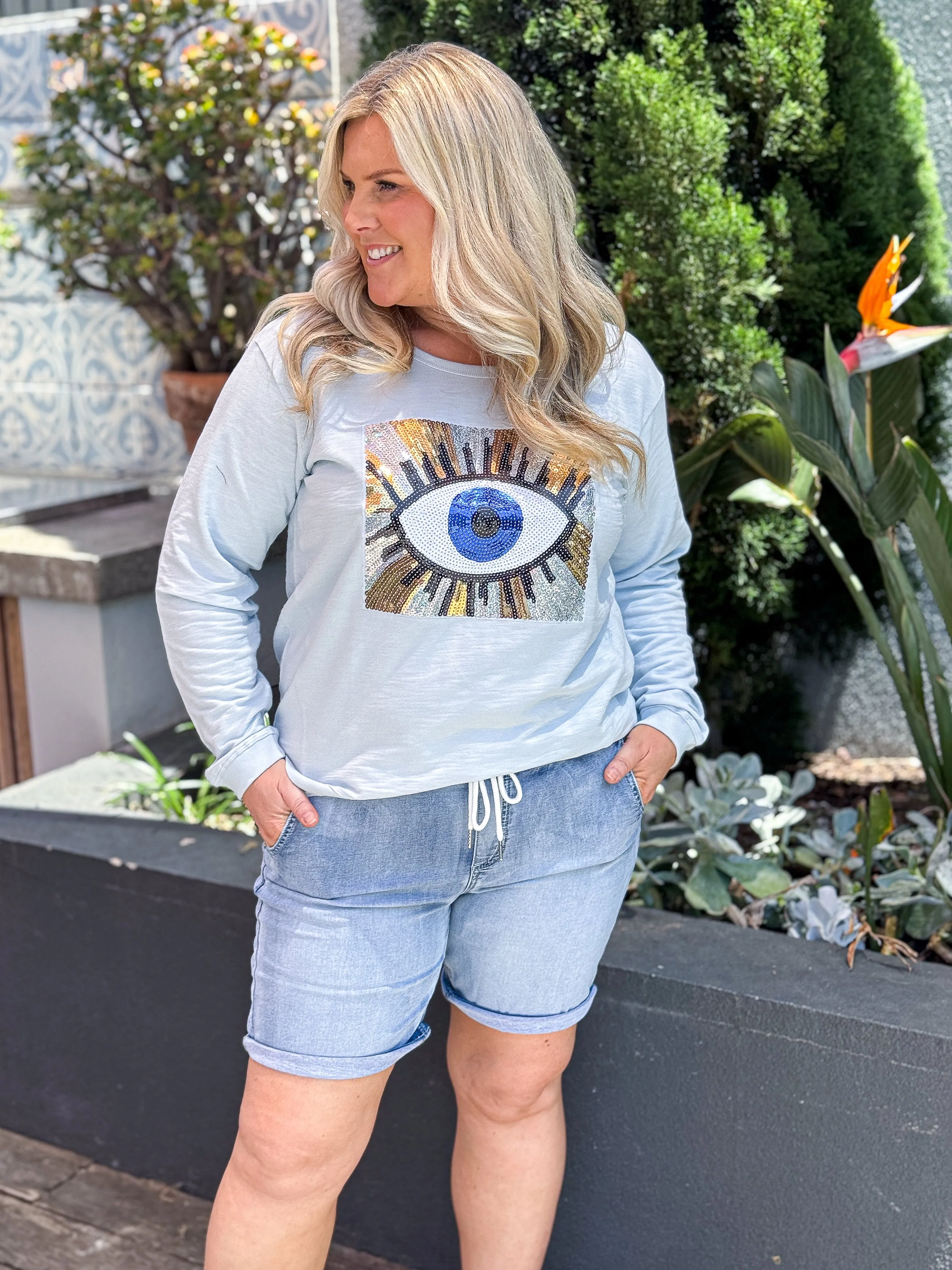 Taylor Sweater Sky Blue Evil Eye Gold Sequin