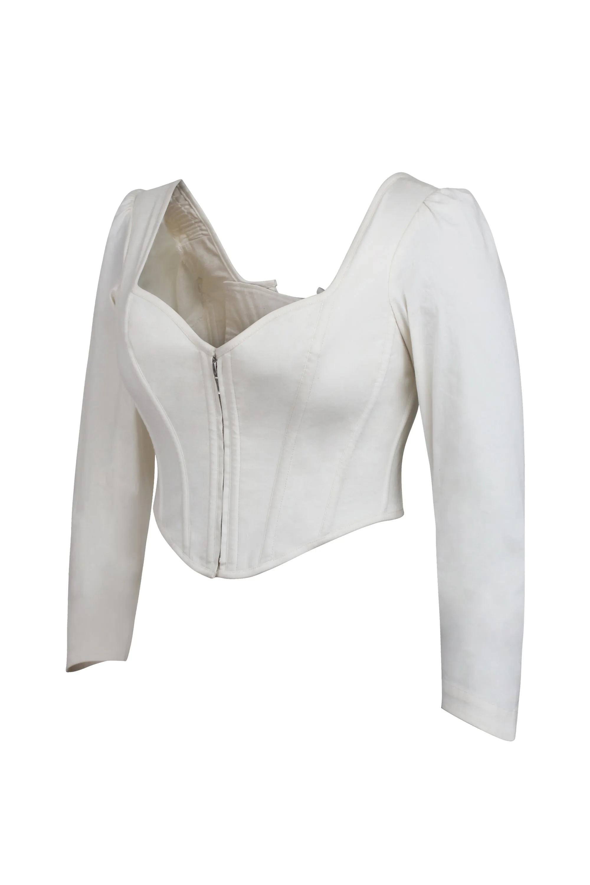 Theodora Whisper White Stretch Cotton Corset Top with Long Sleeves