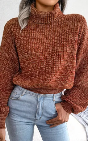 Turtleneck Lantern Sleeve Cinched Waist Knit Sweater