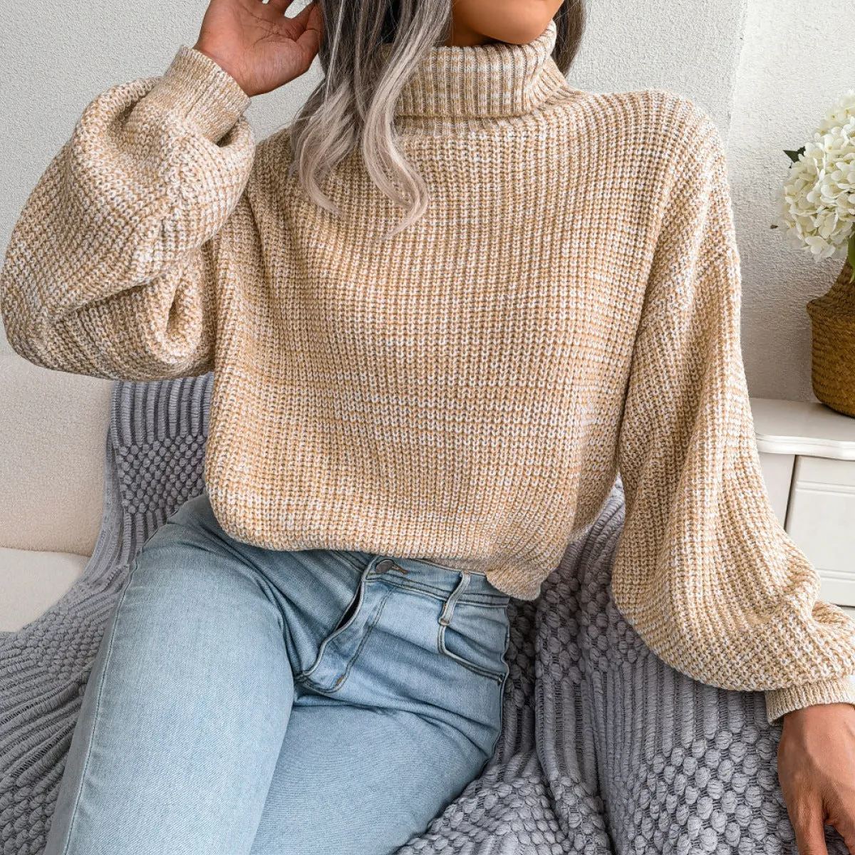 Turtleneck Lantern Sleeve Cinched Waist Knit Sweater