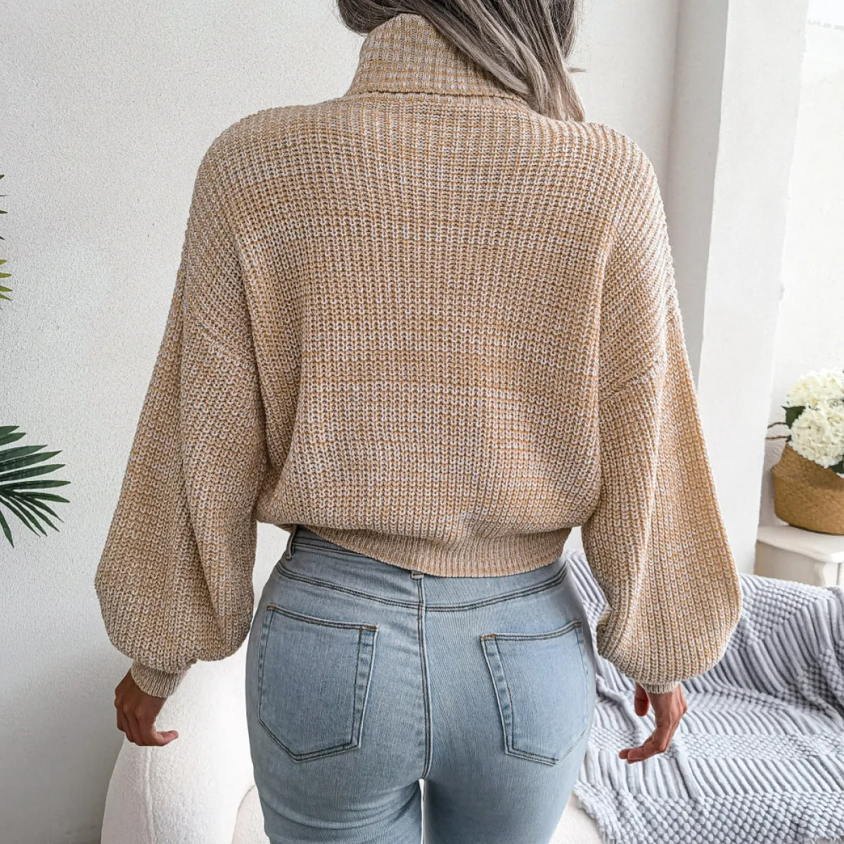 Turtleneck Lantern Sleeve Cinched Waist Knit Sweater