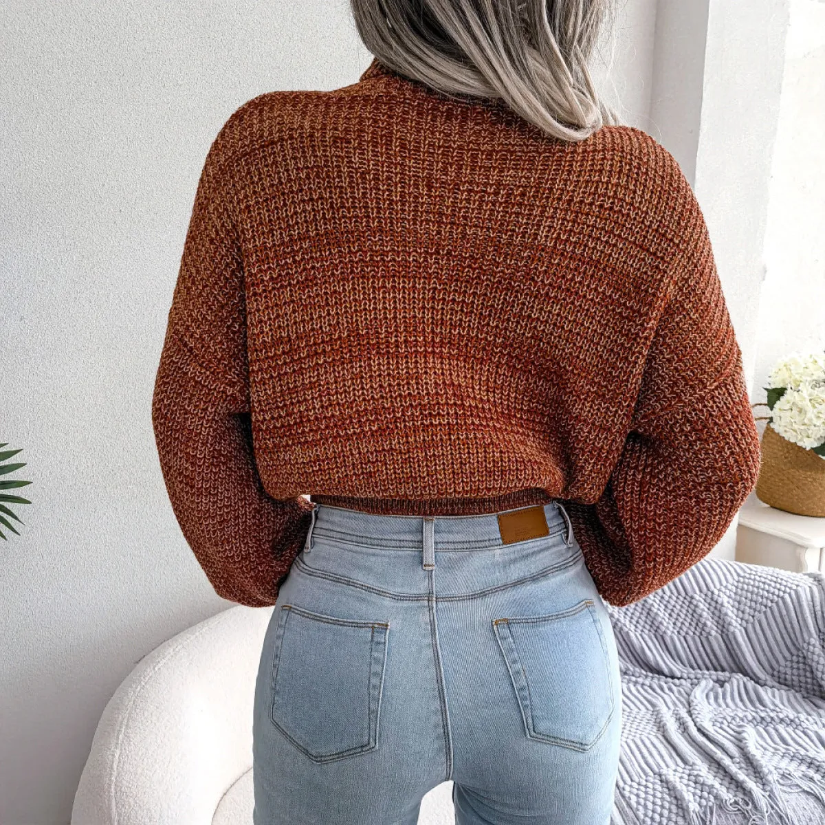 Turtleneck Lantern Sleeve Cinched Waist Knit Sweater