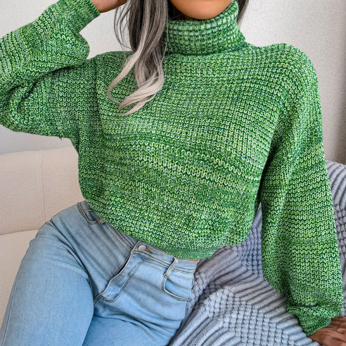 Turtleneck Lantern Sleeve Cinched Waist Knit Sweater