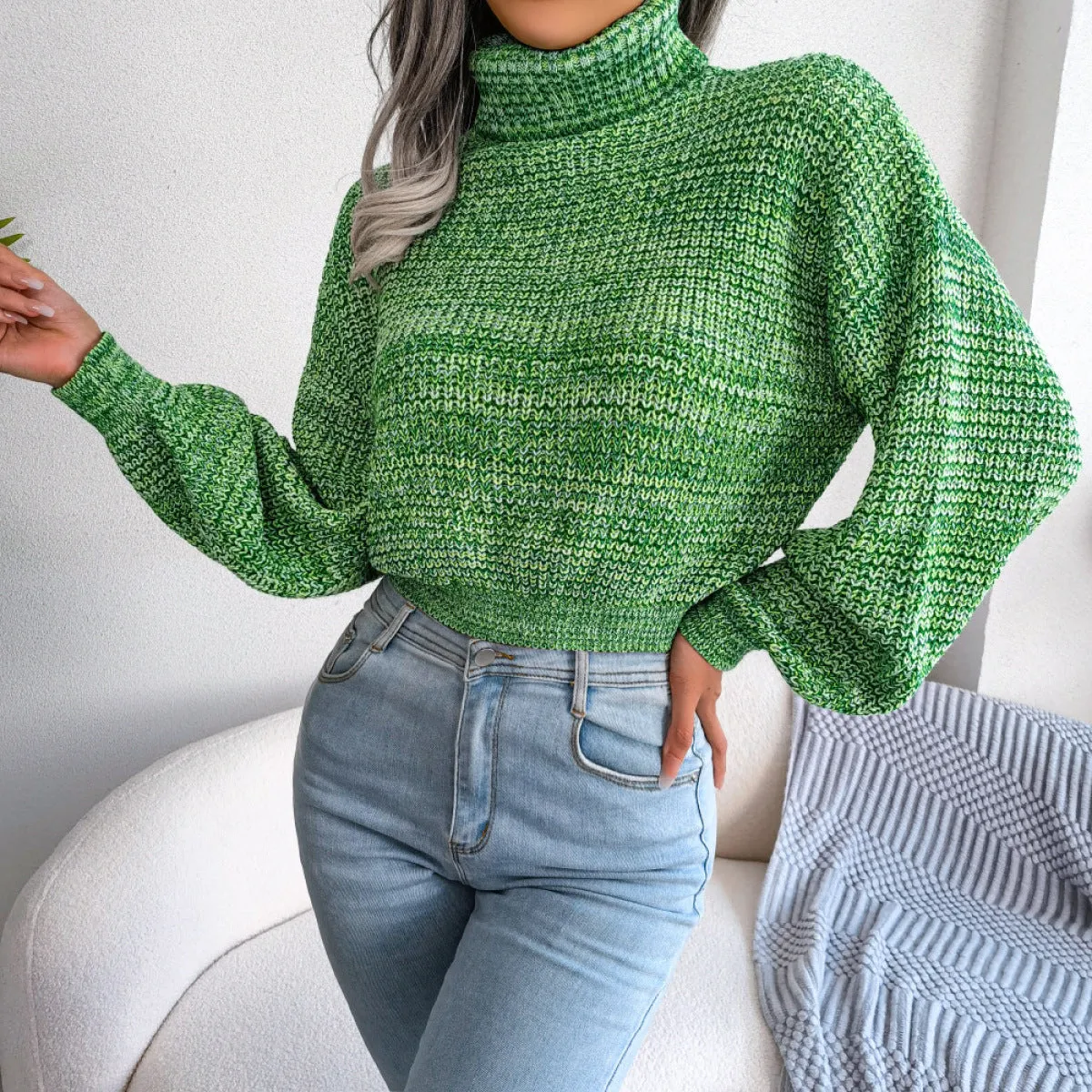 Turtleneck Lantern Sleeve Cinched Waist Knit Sweater