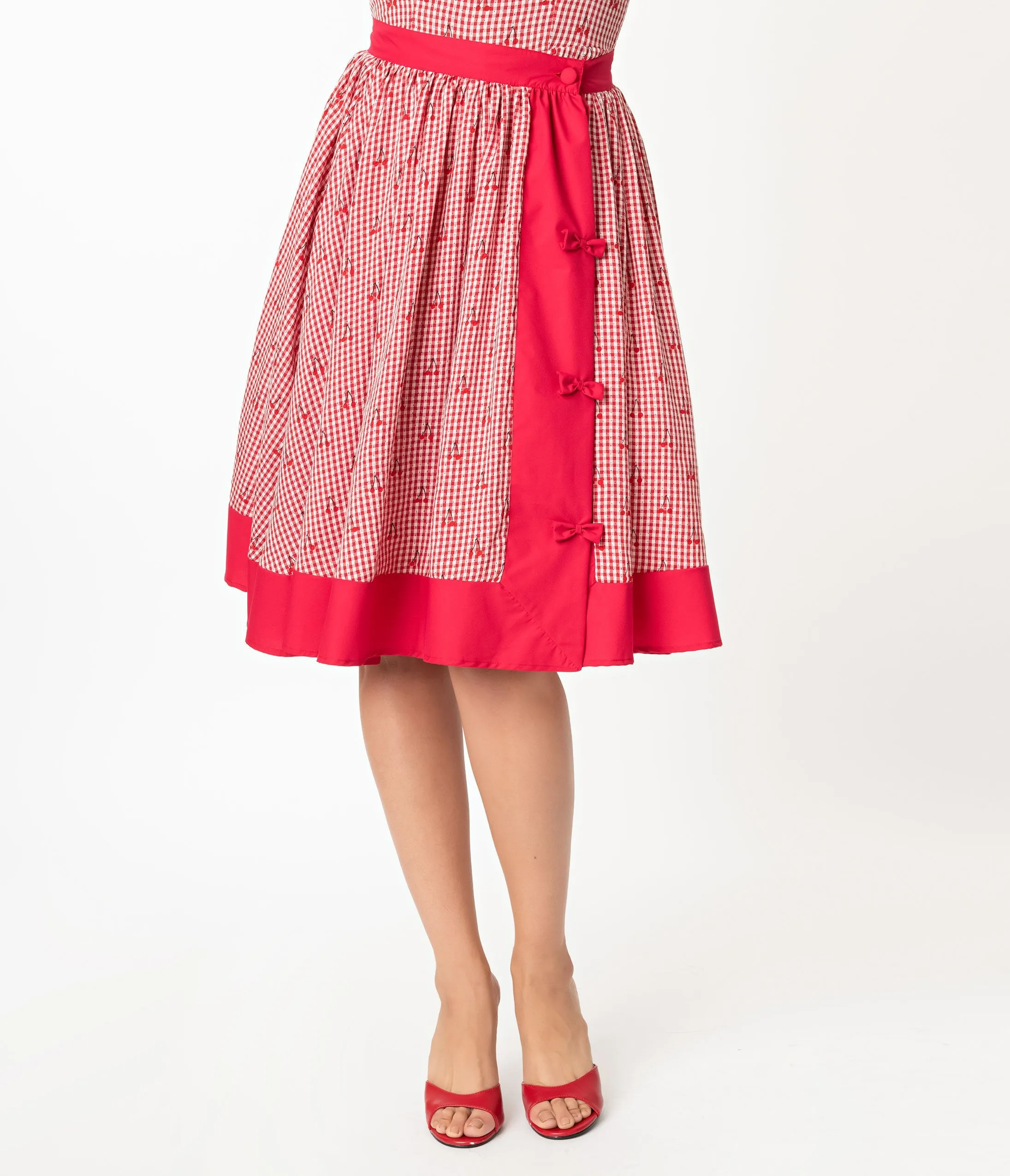 Unique Vintage Red Gingham & Cherry Print Rye Swing Skirt