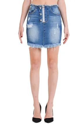 Women's High Rise Zip Button Front Frayed Hem Denim Mini Skirt