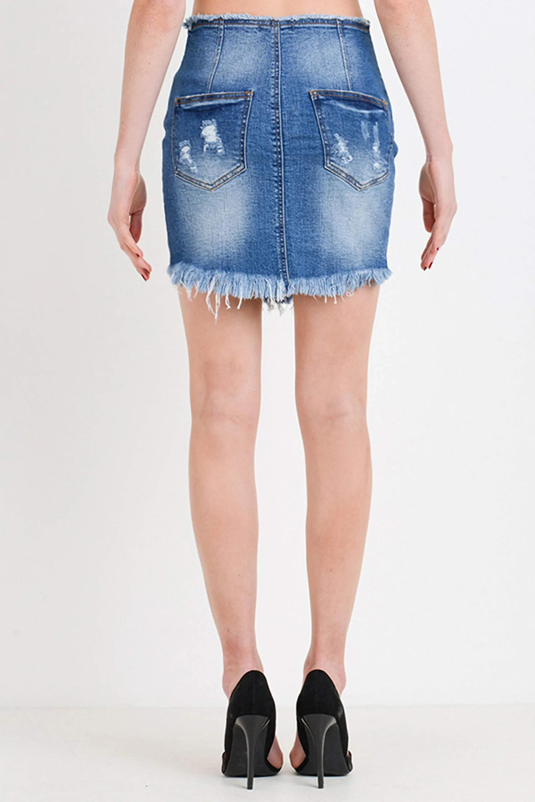 Women's High Rise Zip Button Front Frayed Hem Denim Mini Skirt