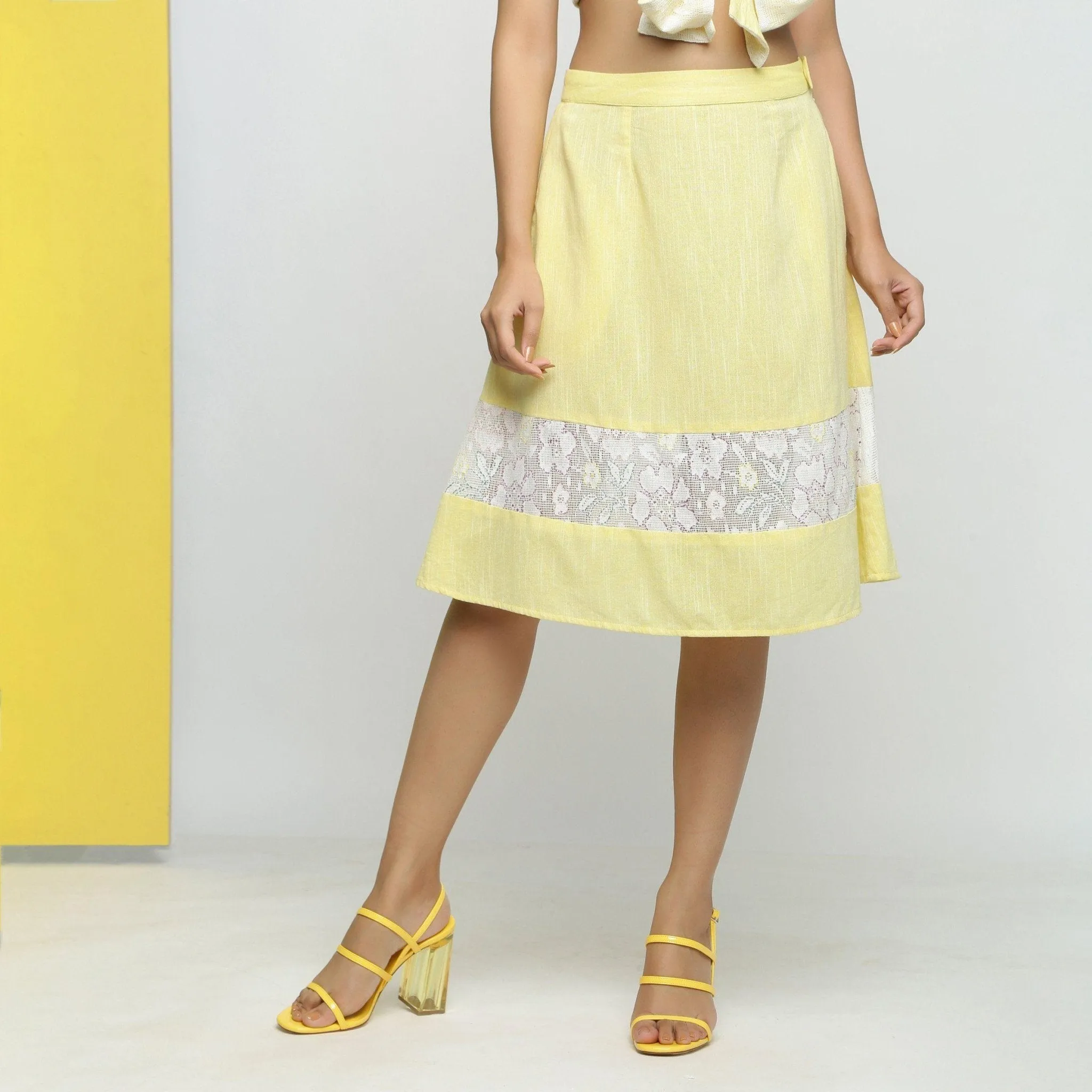 Yellow Hand-Embroidered Cotton Lace A-Line Skirt