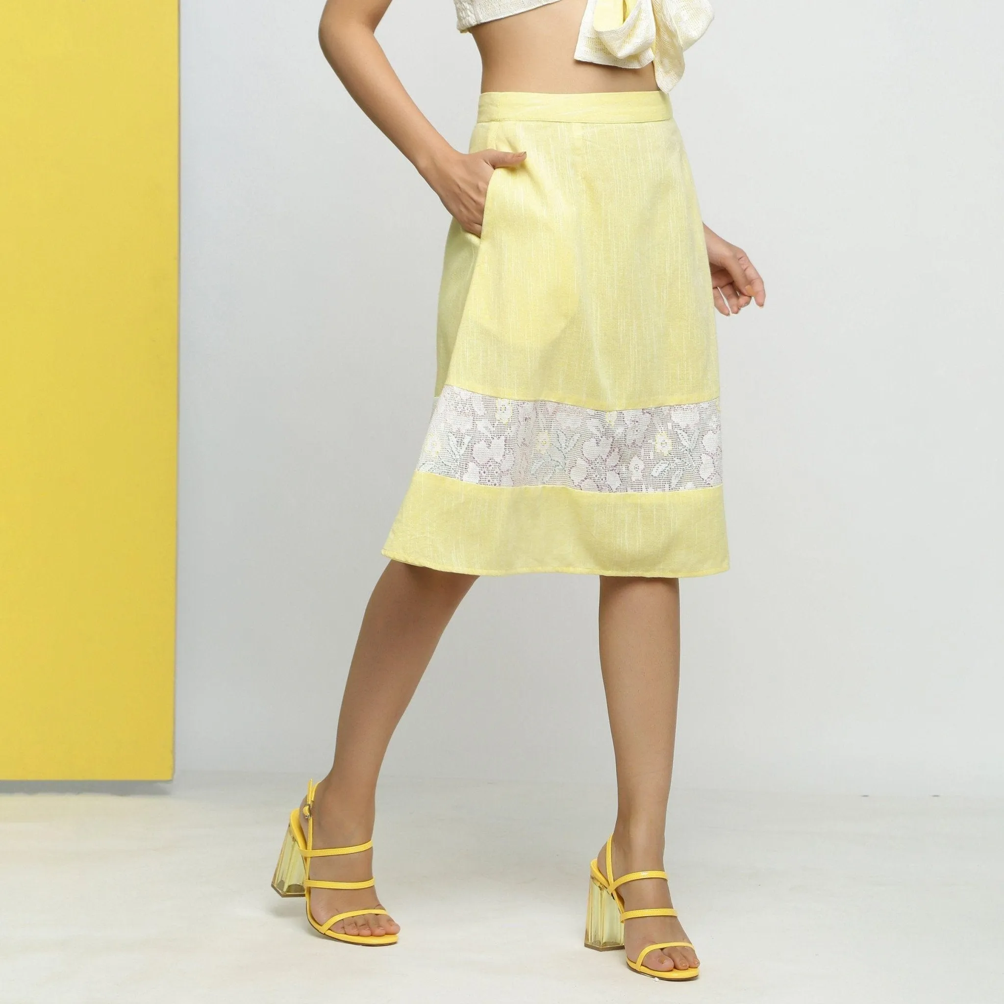 Yellow Hand-Embroidered Cotton Lace A-Line Skirt