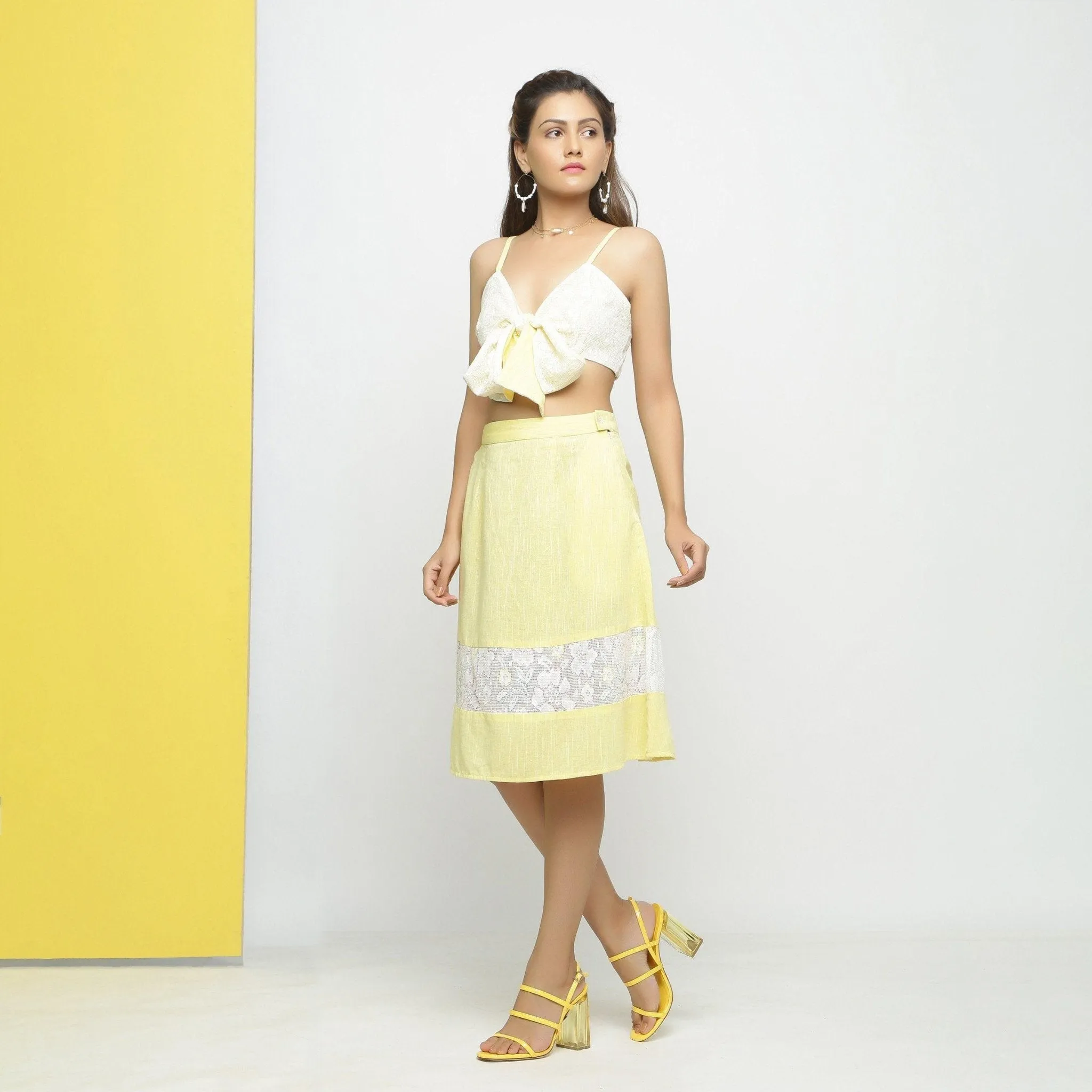 Yellow Hand-Embroidered Cotton Lace A-Line Skirt